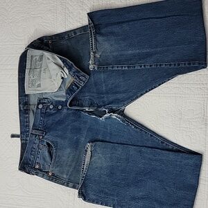 501 Levi's Original Riveted Button Fly Distressed w/big rip Blue Jeans